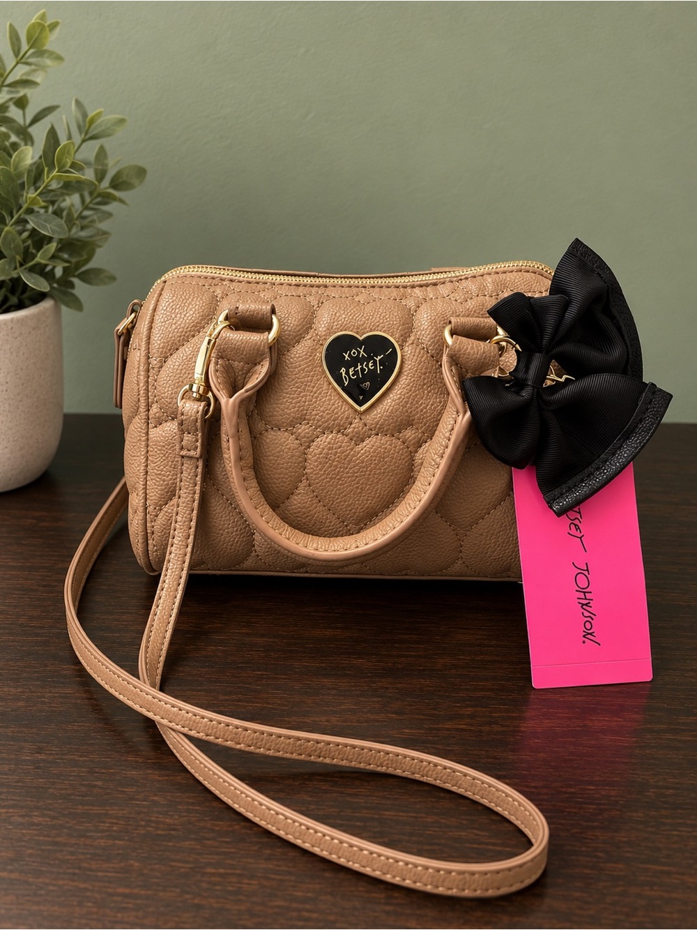 Betsey Johnson Beige Heart-Quilted Mini Satchel